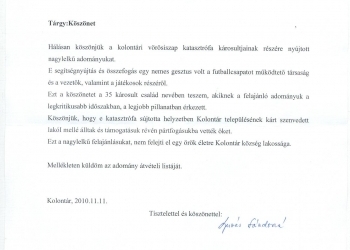 Köszönetnyilvánítás Kolontárról 